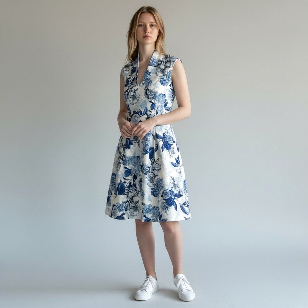 Vince Camuto Size 12 White & Blue Floral Fit & Flare Dress w/Pockets NWT $128